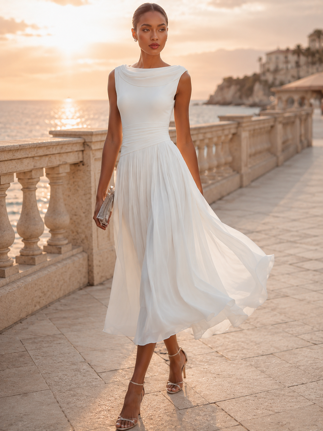 Whitemore & Daughters - Midi Dress: Cowl-Neck A-Line Dress with Flowy Pleated Skirt