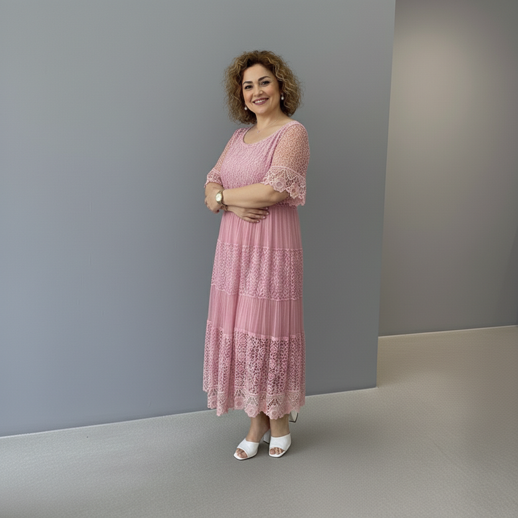 Whitemore & Daughters - Berlinda Midi Dress: Round-Neck Lace Dress with Tiered Skirt