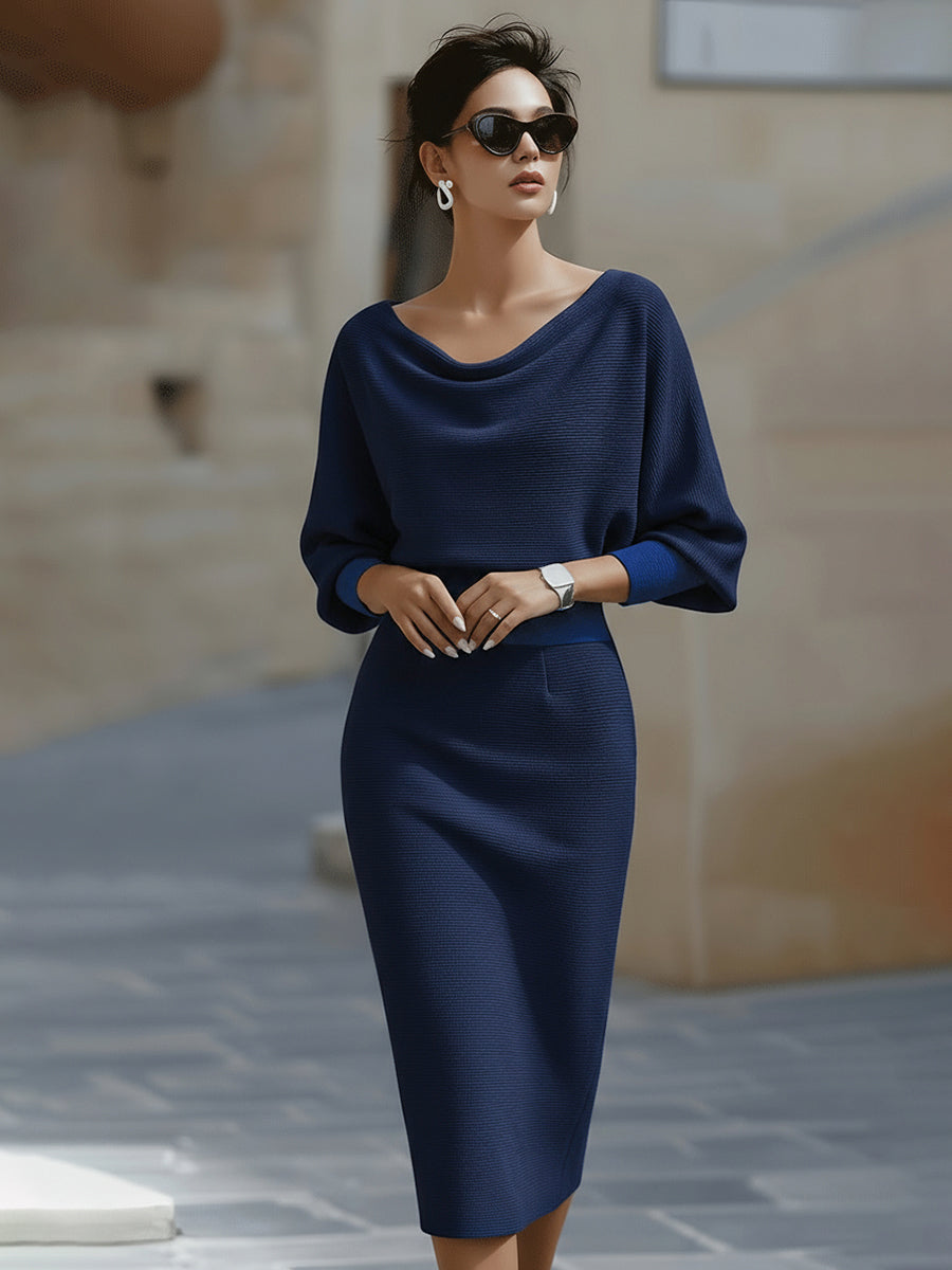 Whitemore & Daughters - Midi Dress: Draped Boat-Neck Dress with Batwing Sleeves