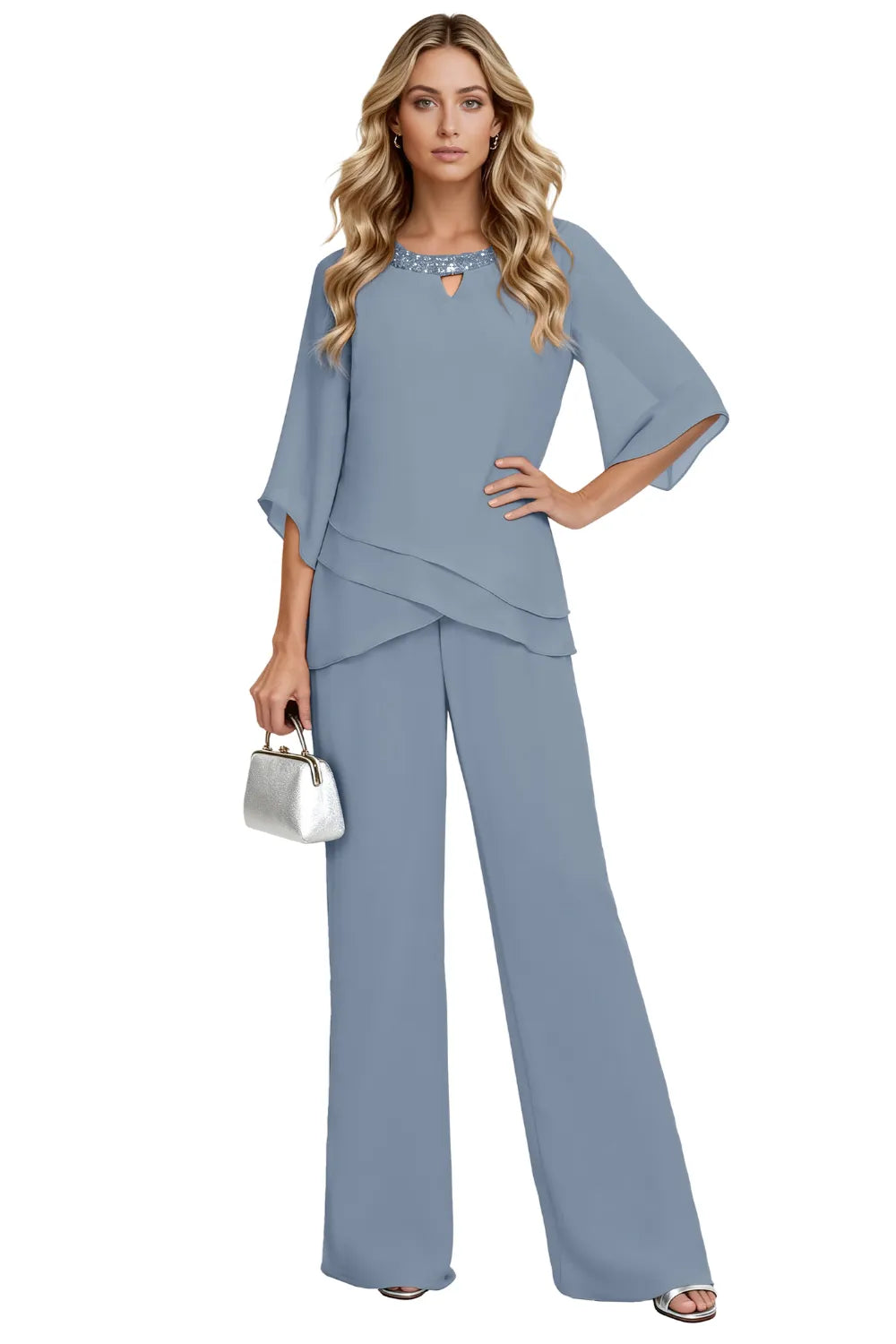 Whitemore & Daughters - Sophisticated Loose-Fit Formal Pant Set with Keyhole Neckline