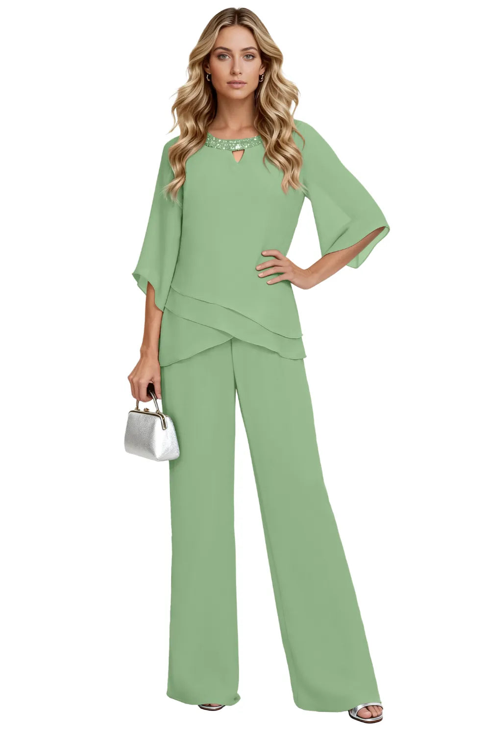 Whitemore & Daughters - Sophisticated Loose-Fit Formal Pant Set with Keyhole Neckline