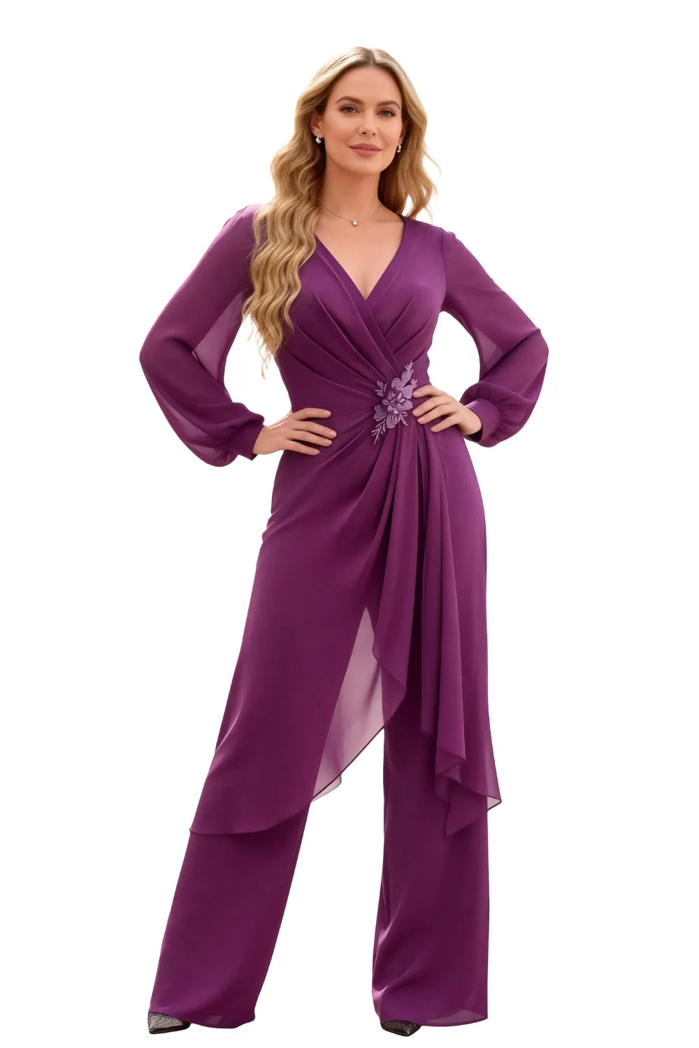 Whitemore & Daughters - Evening Jumpsuit: V-Neck Wrap Bodice with Long Balloon Sleeves