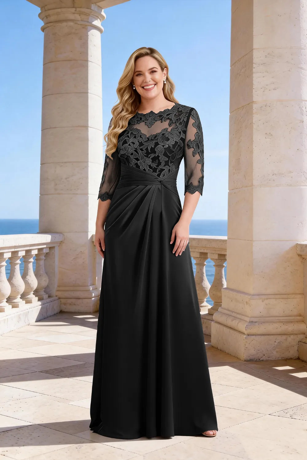 Whitemore & Daughters - Maxi Dress: Illusion-Neck Lace Dress with 3/4 Sleeves