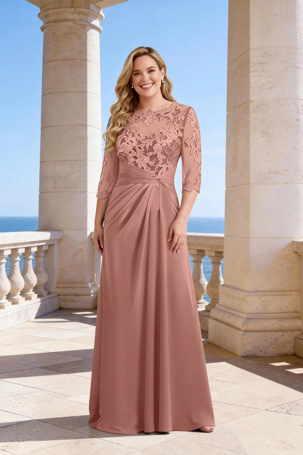 Whitemore & Daughters - Maxi Dress: Illusion-Neck Lace Dress with 3/4 Sleeves