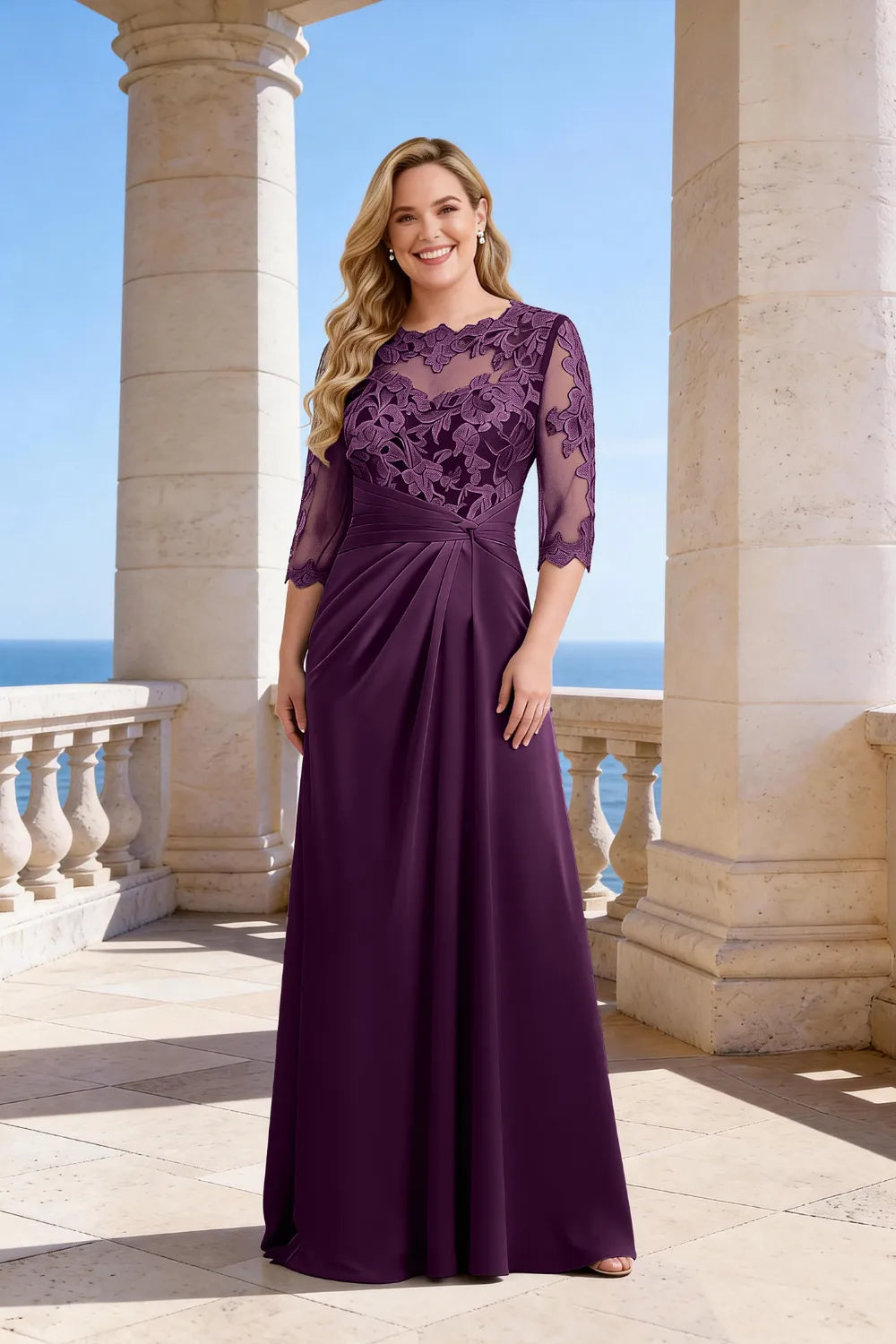 Whitemore & Daughters - Maxi Dress: Illusion-Neck Lace Dress with 3/4 Sleeves