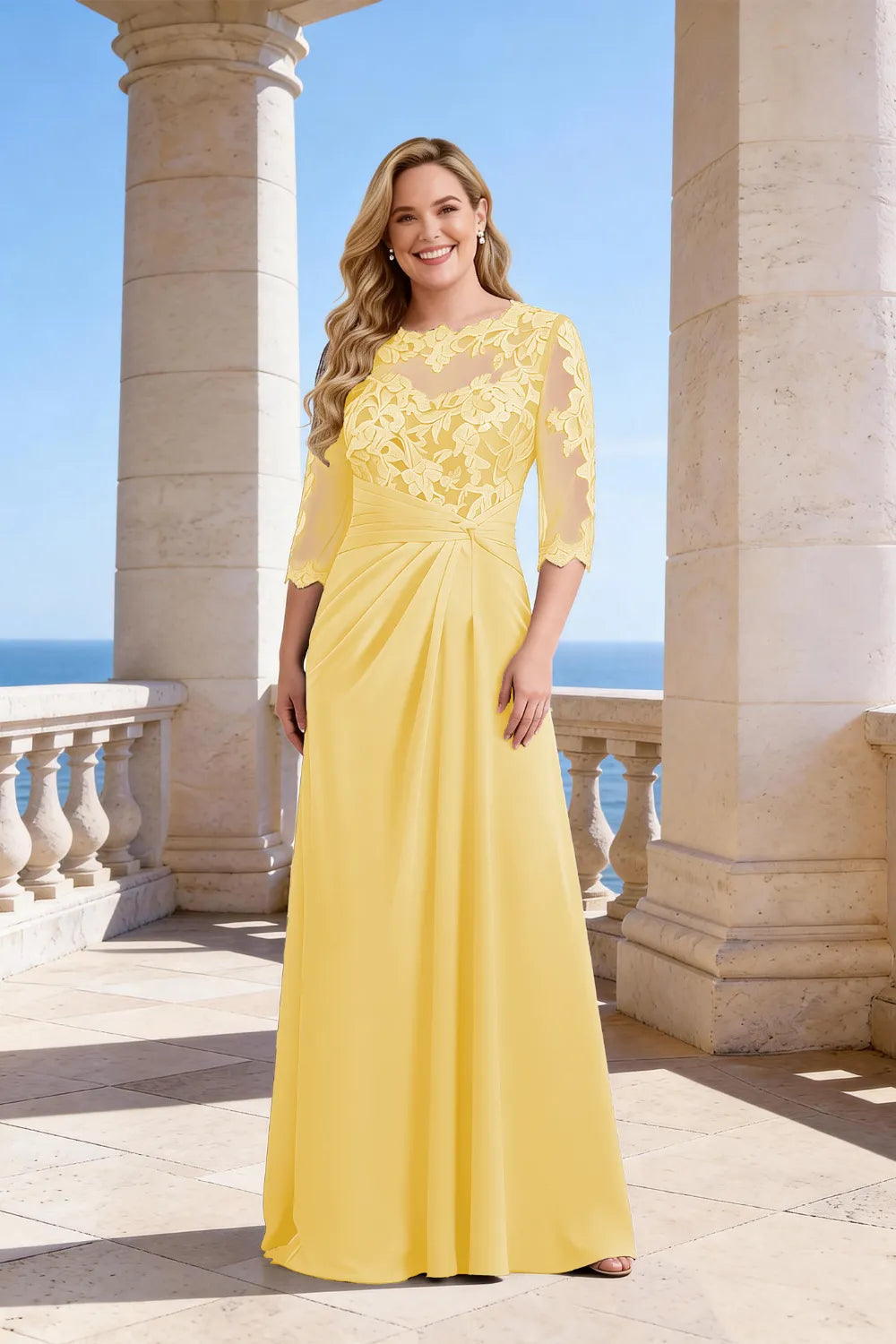 Whitemore & Daughters - Maxi Dress: Illusion-Neck Lace Dress with 3/4 Sleeves