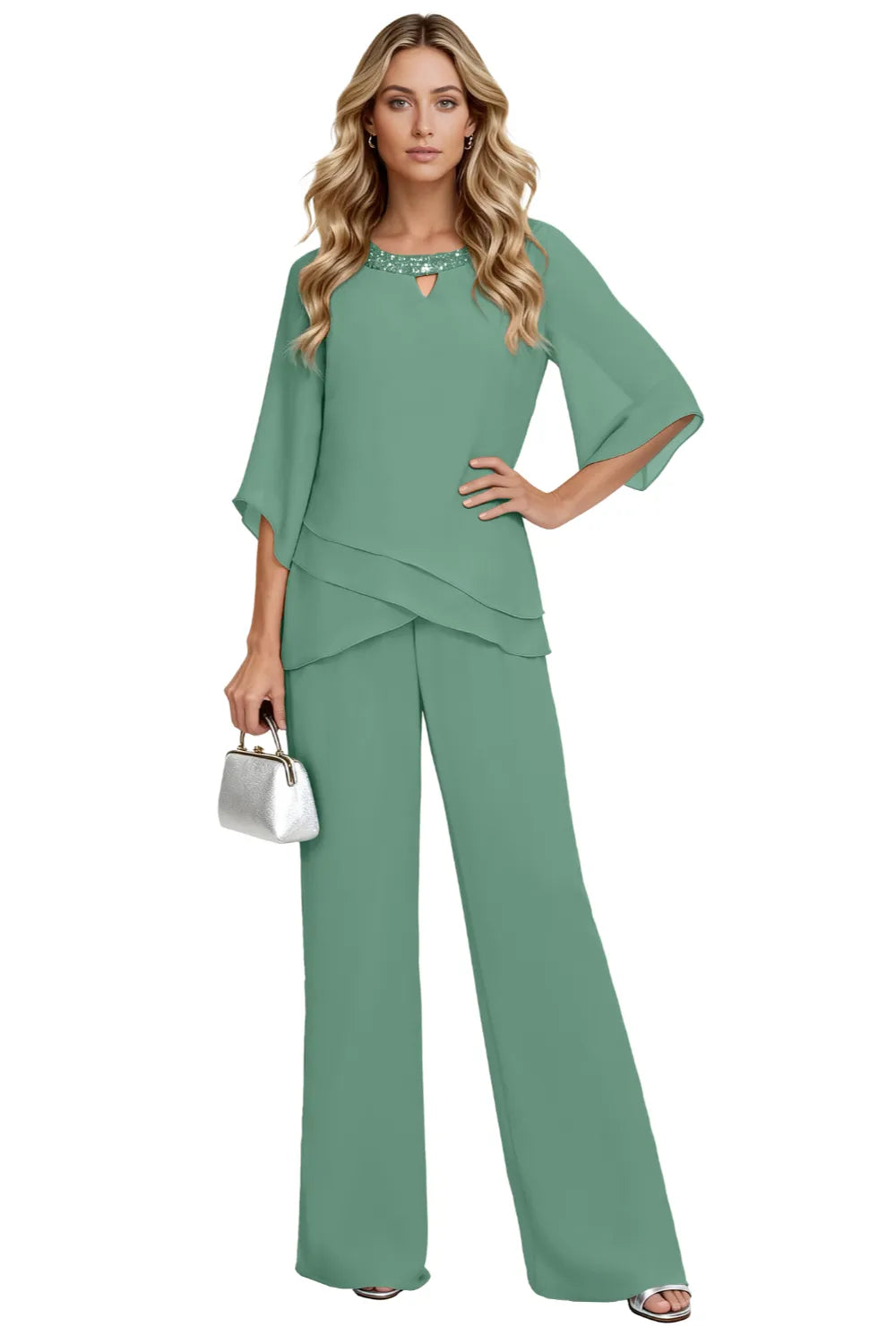 Whitemore & Daughters - Sophisticated Loose-Fit Formal Pant Set with Keyhole Neckline