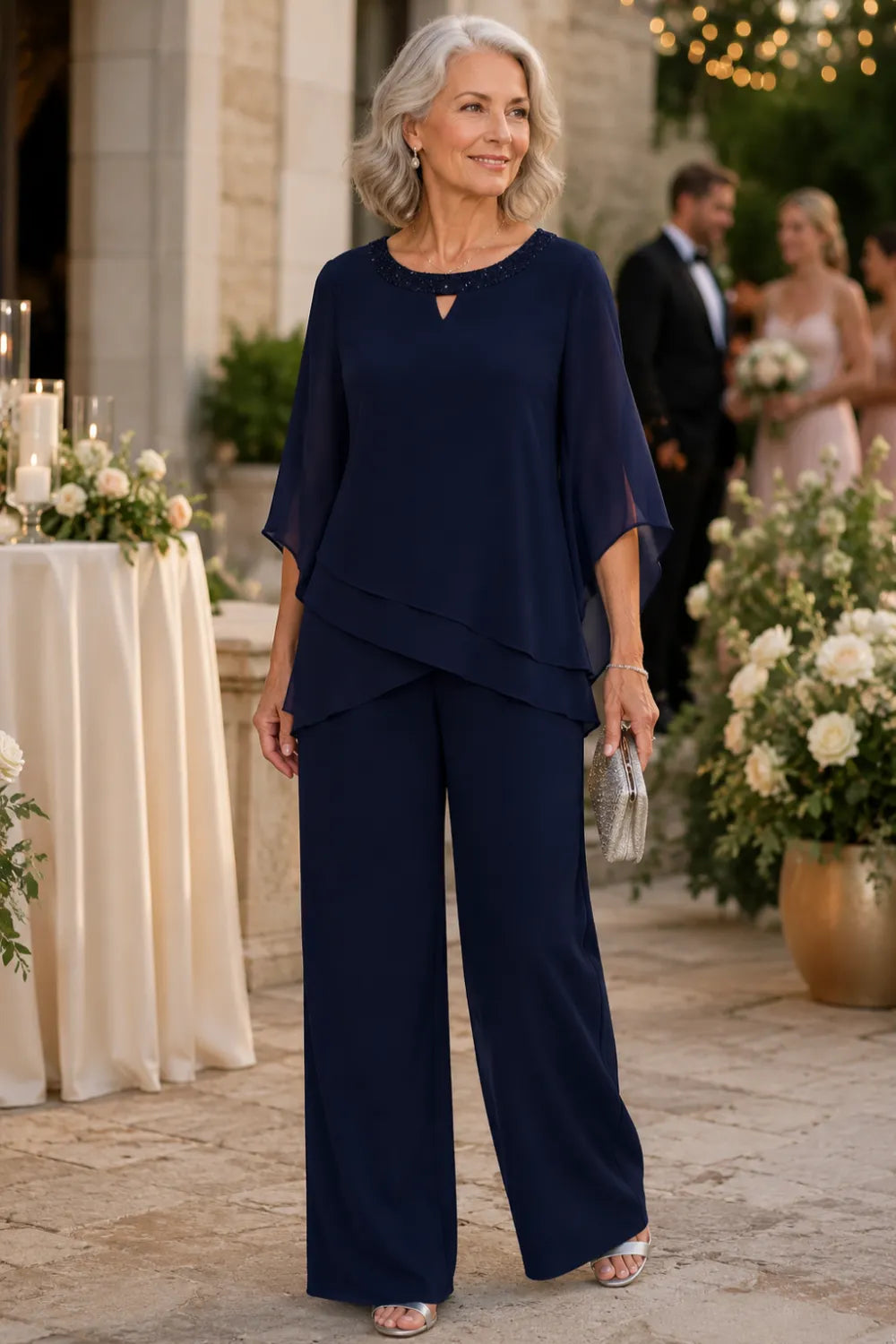 Whitemore & Daughters - Sophisticated Loose-Fit Formal Pant Set with Keyhole Neckline