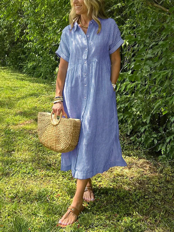 Whitemore & Daughters - Sarina Midi Dress: Shirt-Collar Button-Front Dress with Short Sleeves in Striped Print