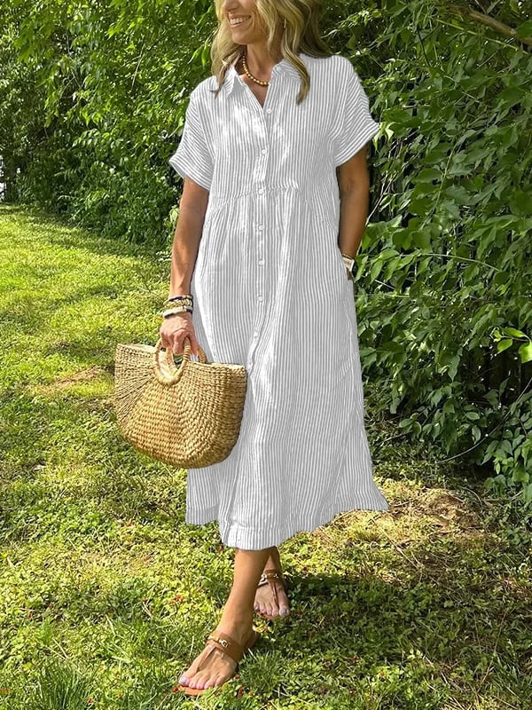 Whitemore & Daughters - Sarina Midi Dress: Shirt-Collar Button-Front Dress with Short Sleeves in Striped Print