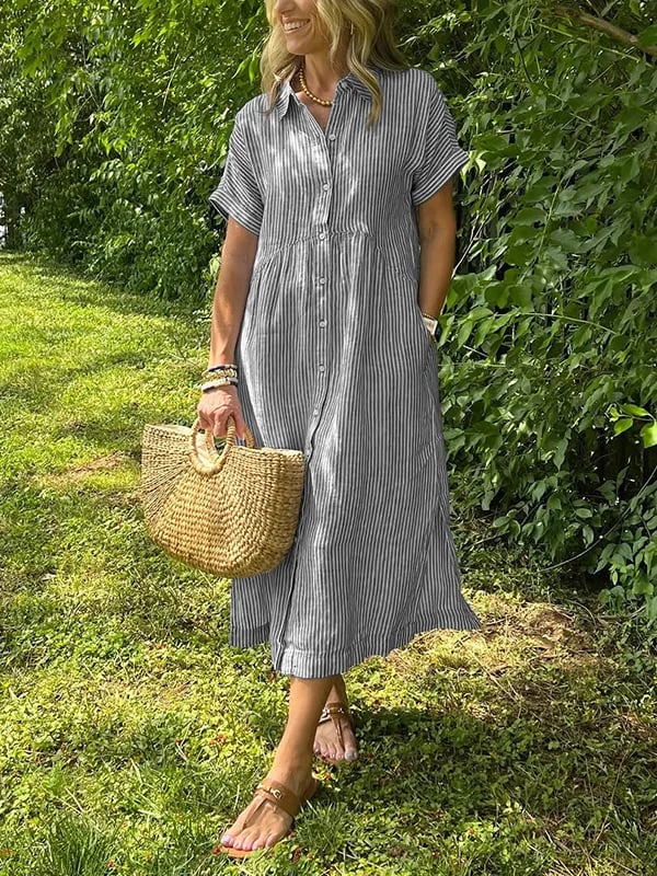 Whitemore & Daughters - Sarina Midi Dress: Shirt-Collar Button-Front Dress with Short Sleeves in Striped Print