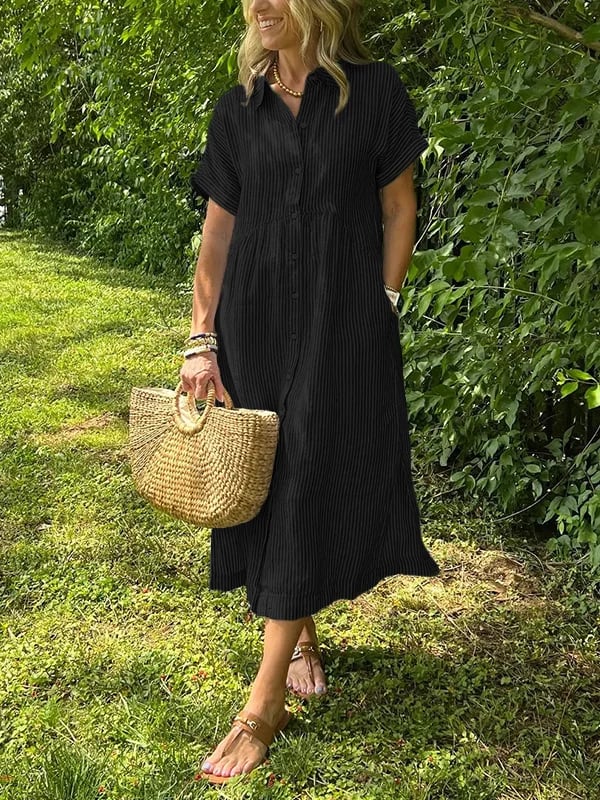 Whitemore & Daughters - Sarina Midi Dress: Shirt-Collar Button-Front Dress with Short Sleeves in Striped Print