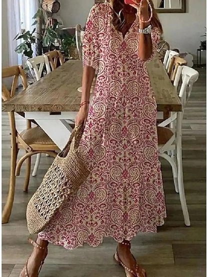 Whitemore & Daughters - Luna Maxi Dress: V-Neck Boho Dress with 3/4 Sleeves in Abstract Print