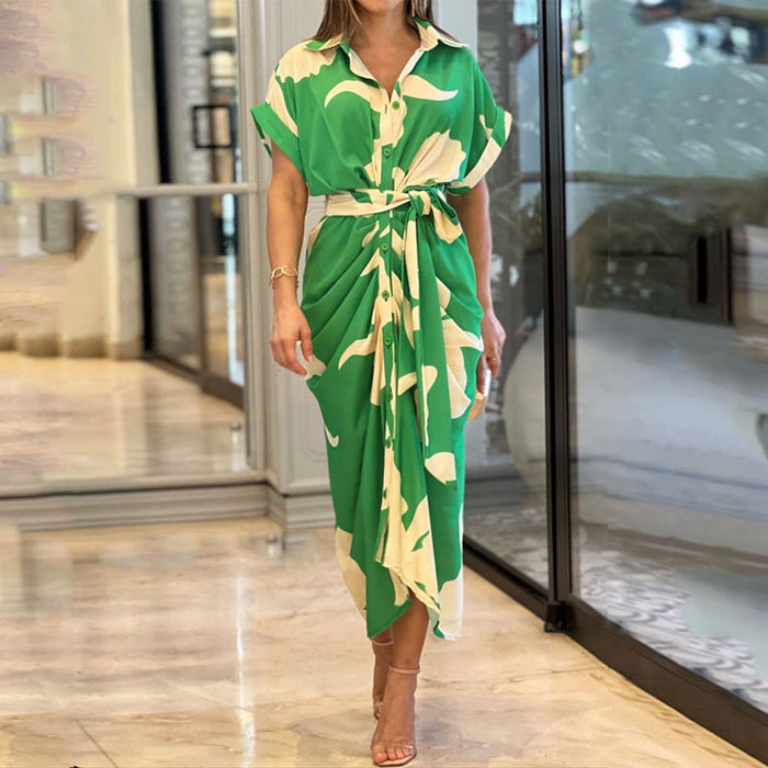 Whitemore & Daughters - Alyson Midi Dress: Shirt-Collar Wrap Dress with Short Sleeves in Abstract Print