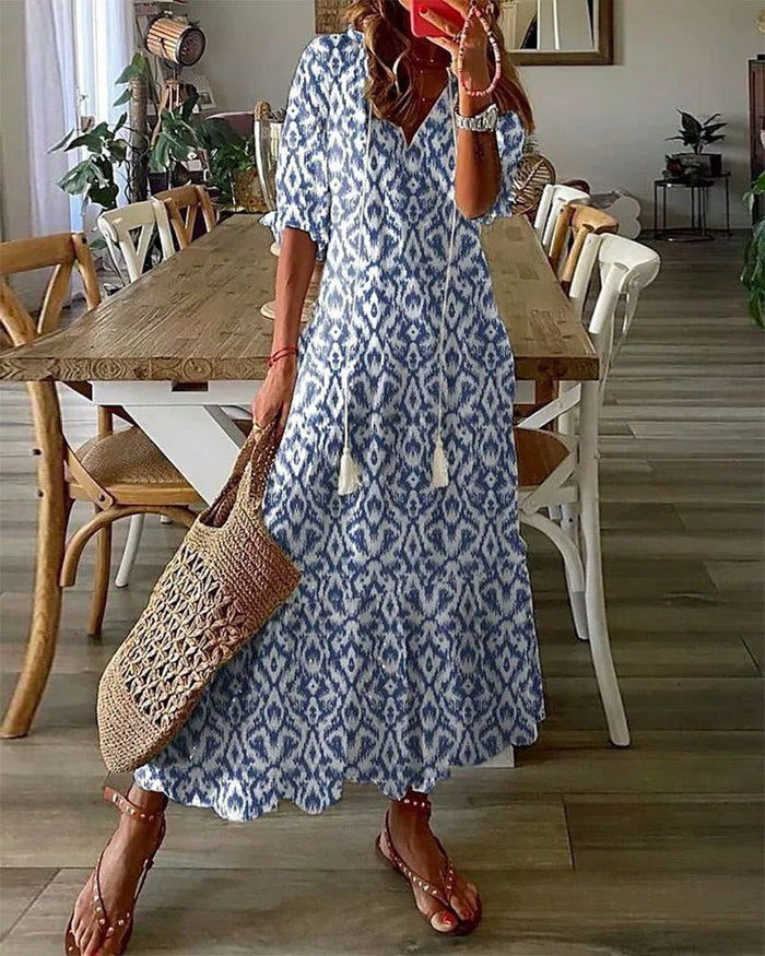 Whitemore & Daughters - Luna Maxi Dress: V-Neck Boho Dress with 3/4 Sleeves in Abstract Print