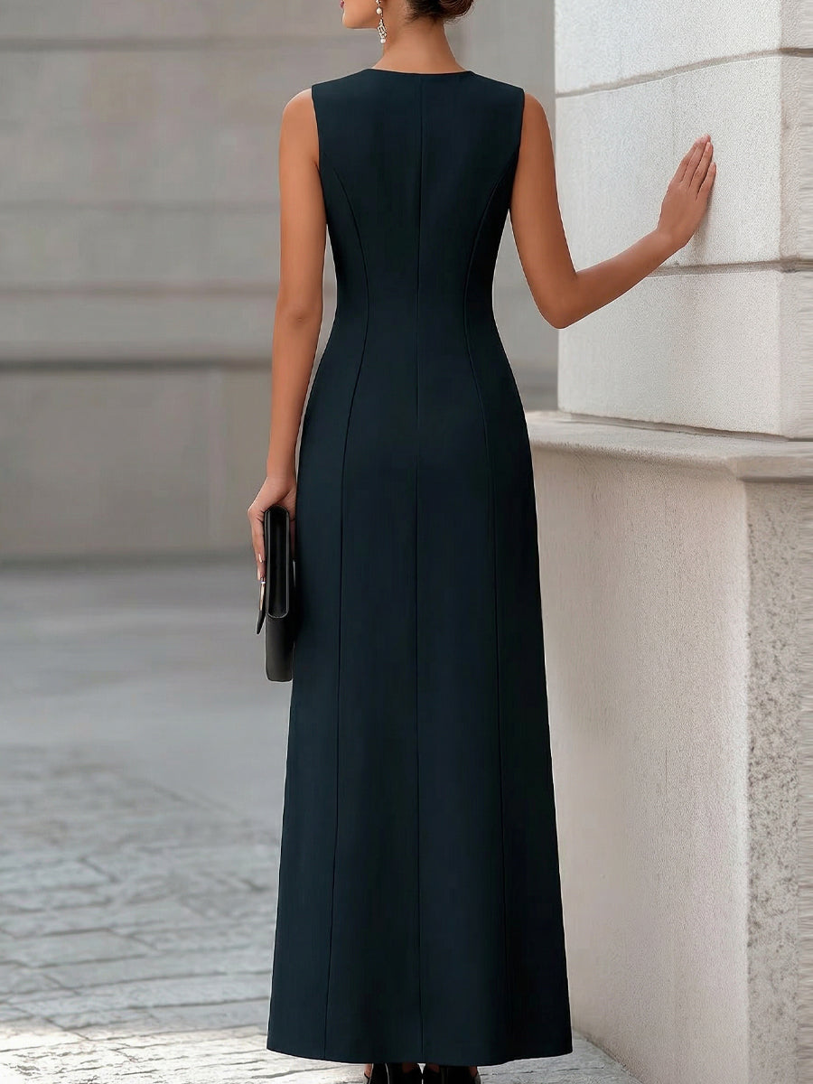 Whitemore & Daughters - Maxi Dress: Round-Neck Sleeveless Column Dress with Front Slit