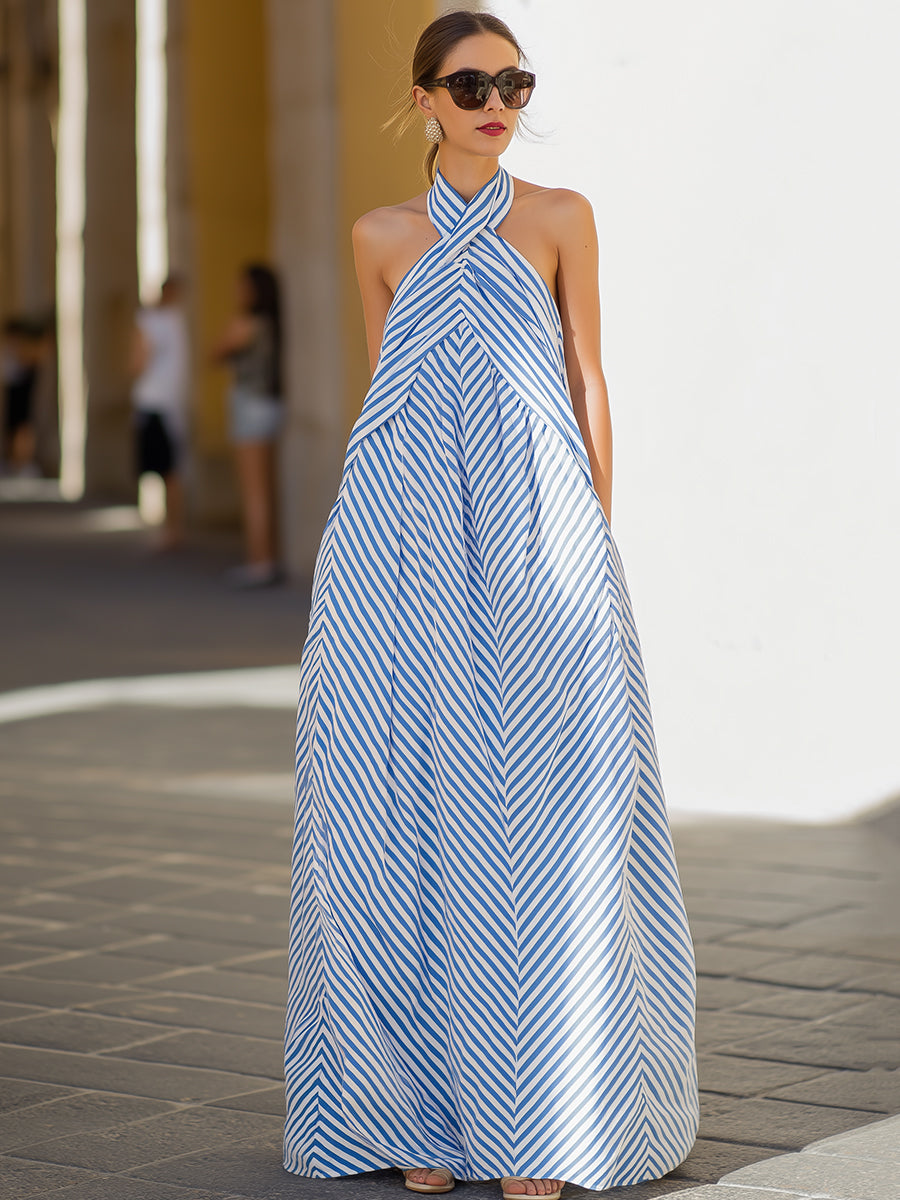 Whitemore & Daughters - Maxi Dress: Halter-Neck A-Line Dress in Striped Print