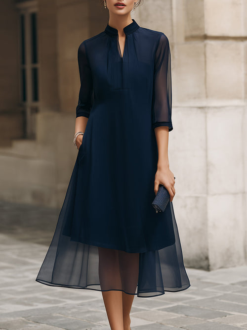 Whitemore & Daughters - Midi Dress: Mandarin-Collar Dress with Sheer Overlay