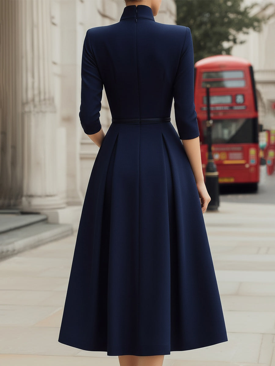 Whitemore & Daughters - Midi Dress: Split-Neck Belted Dress with 3/4 Sleeves
