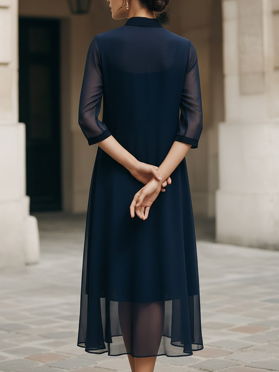 Whitemore & Daughters - Midi Dress: Mandarin-Collar Dress with Sheer Overlay