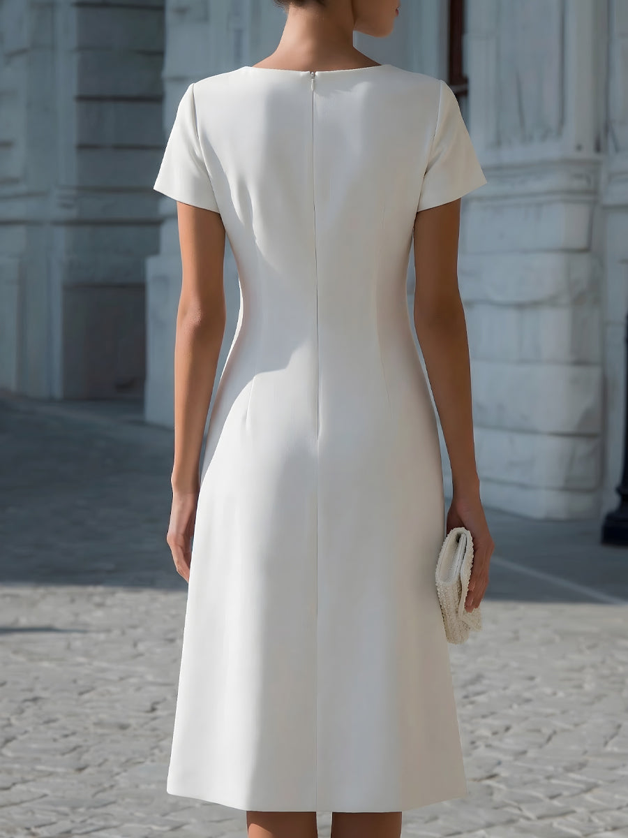 Whitemore & Daughters - Midi Dress: Round-Neck A-Line Dress with Pleated Panel