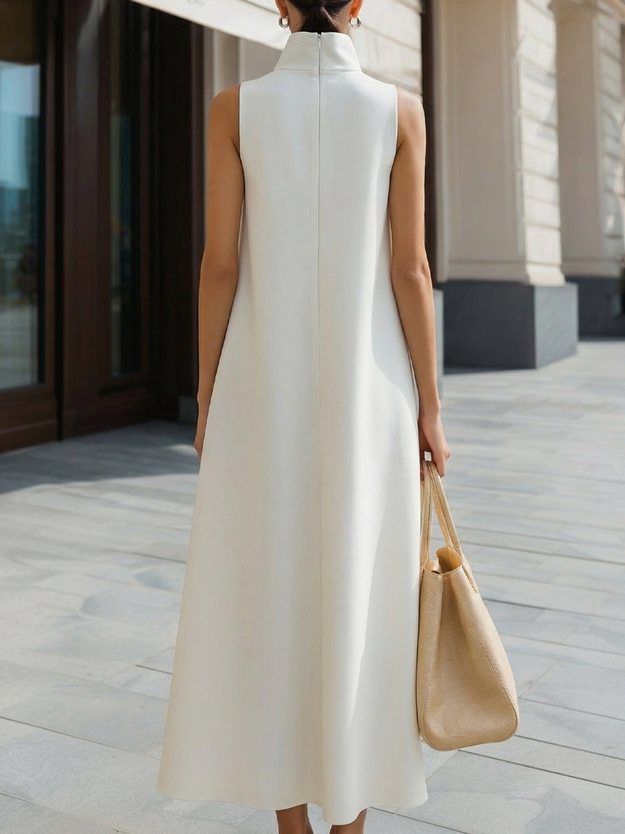Whitemore & Daughters - Maxi Dress: High-Neck Sleeveless A-Line Dress with Asymmetric Wrap Detail
