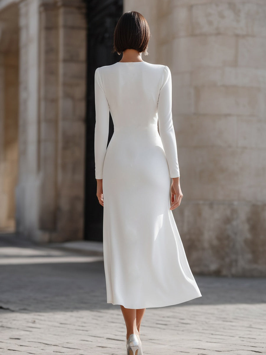 Whitemore & Daughters - Midi Dress: V-Neck Ruched Dress with Long Sleeves
