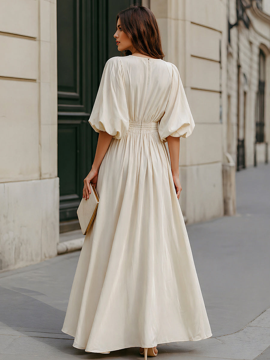 Whitemore & Daughters - Maxi Dress: Round-Neck Dress with Puff Sleeves and Gathered Waist