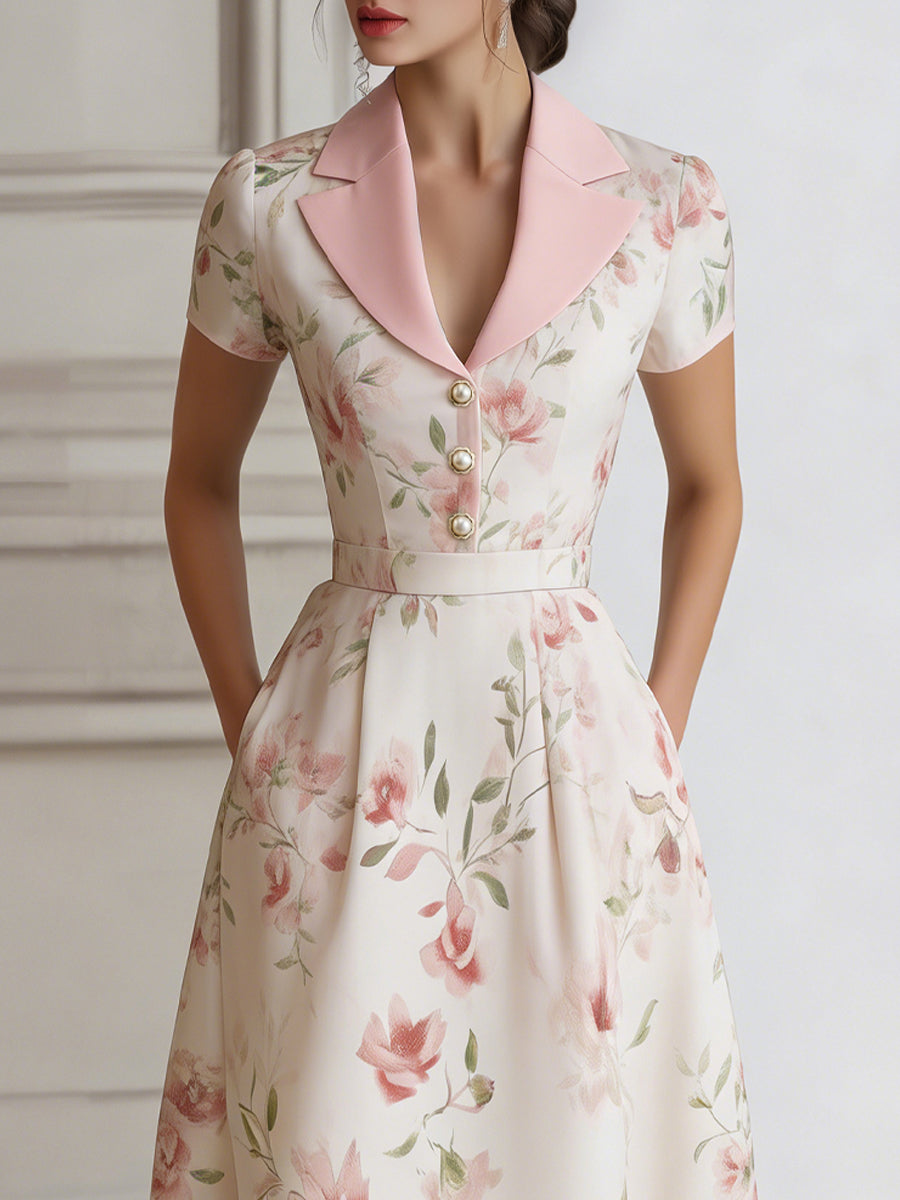 Whitemore & Daughters - Midi Dress: V-Neck Collared Dress with Belted Waist in Floral Print