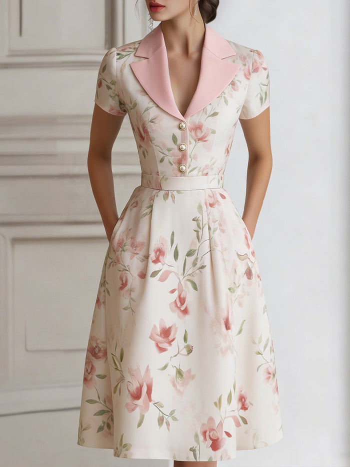 Whitemore & Daughters - Midi Dress: V-Neck Collared Dress with Belted Waist in Floral Print