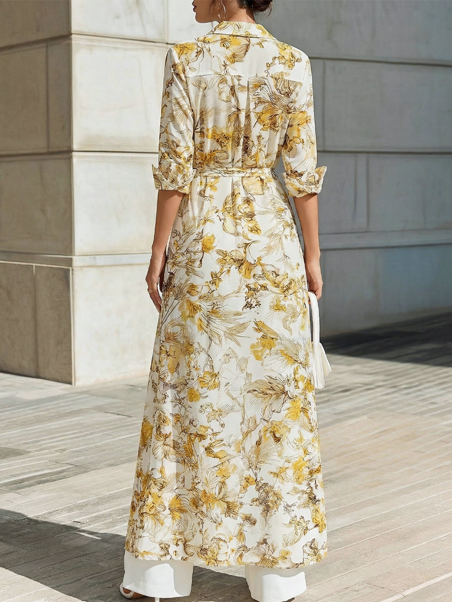 Whitemore & Daughters - Maxi Dress: Shirt-Collar Wrap Dress with Long Sleeves in Floral Print