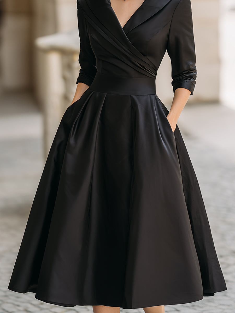 Whitemore & Daughters - Midi Dress: V-Neck Wrap Satin Dress with Full A-Line Skirt