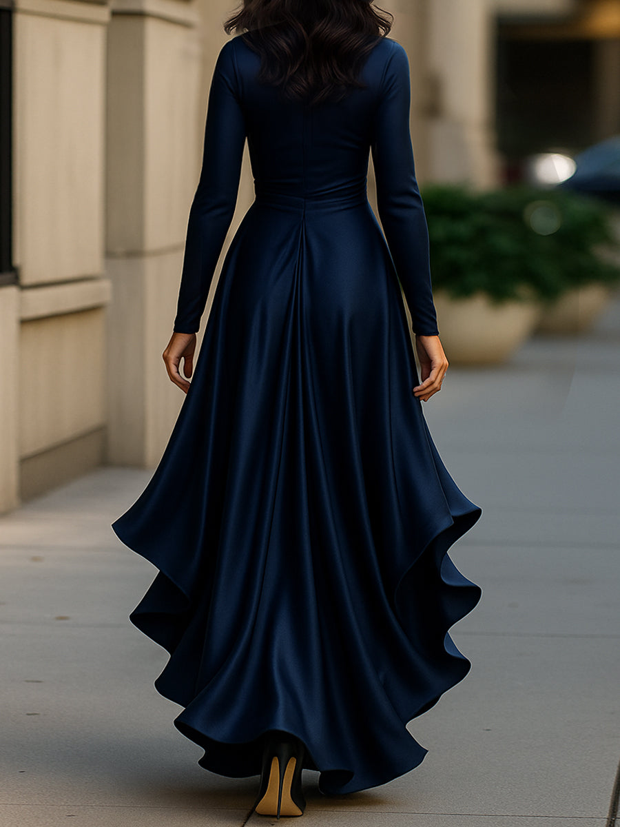 Whitemore & Daughters - Midi Dress: Wrap V-Neck Satin Dress with Ruffle High-Low Hem