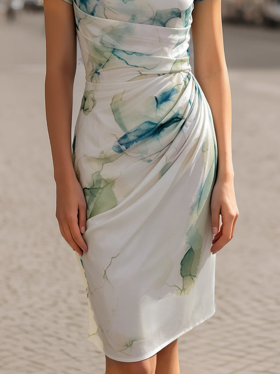 Whitemore & Daughters - Midi Dress: Cowl-Neck Ruched Dress in Watercolor Print