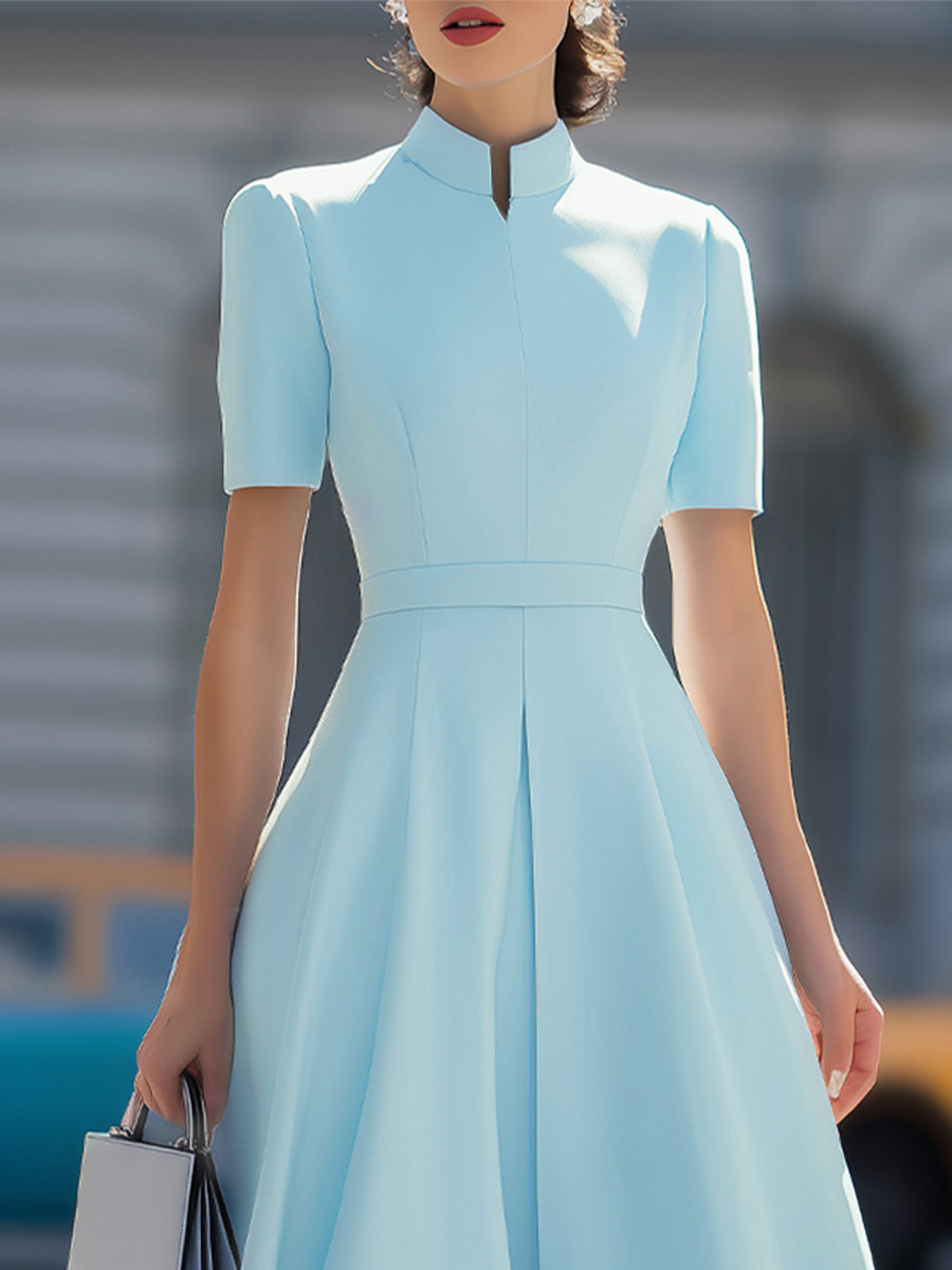 Whitemore & Daughters - Midi Dress: High-Neck A-Line Dress with Pleated Skirt