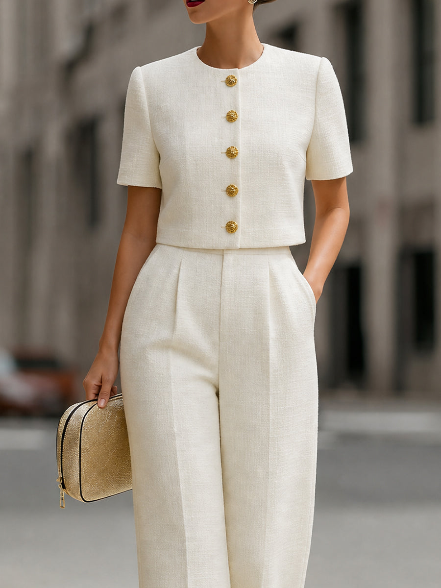 White Tweed Cropped Short-Sleeve Jacket & High-Waisted Wide-Leg Pants Two-Piece Set Co-ord – Whitemore & Daughters