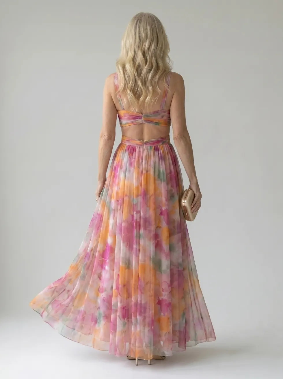 Whitemore & Daughters - Isel Maxi Dress: V-Neck Dress with Criss-Cross Waist Detail in Watercolor Print