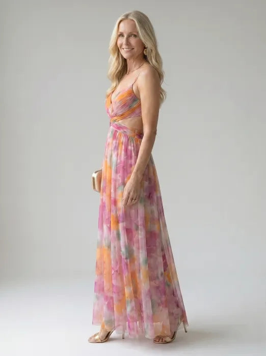 Whitemore & Daughters - Isel Maxi Dress: V-Neck Dress with Criss-Cross Waist Detail in Watercolor Print