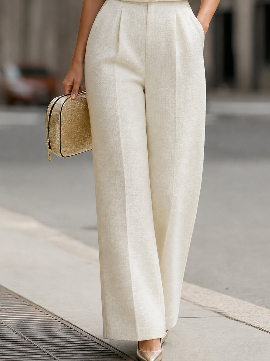 White Tweed Cropped Short-Sleeve Jacket & High-Waisted Wide-Leg Pants Two-Piece Set Co-ord – Whitemore & Daughters