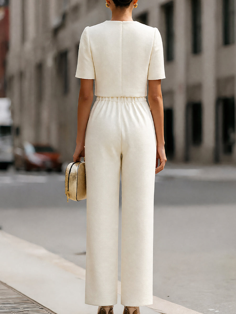 White Tweed Cropped Short-Sleeve Jacket & High-Waisted Wide-Leg Pants Two-Piece Set Co-ord – Whitemore & Daughters