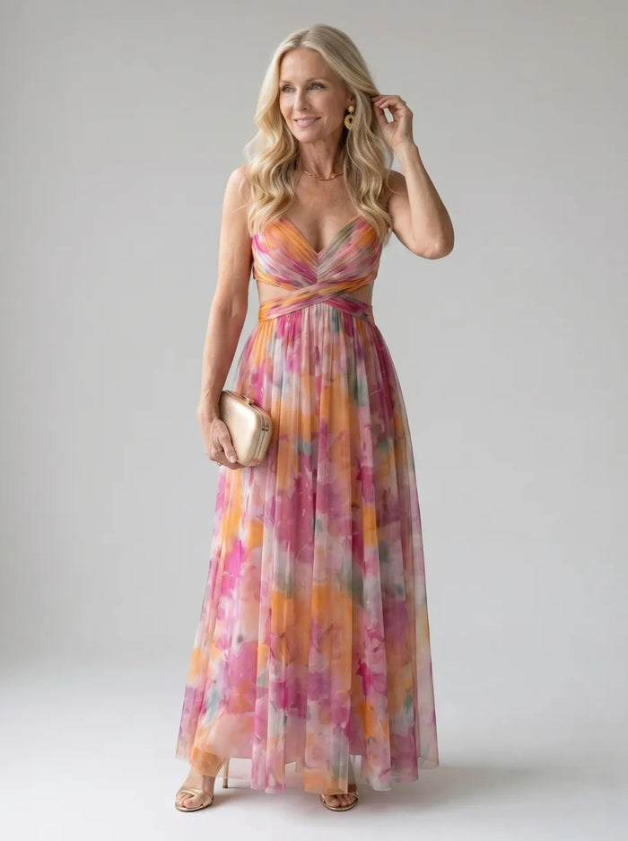 Whitemore & Daughters - Isel Maxi Dress: V-Neck Dress with Criss-Cross Waist Detail in Watercolor Print