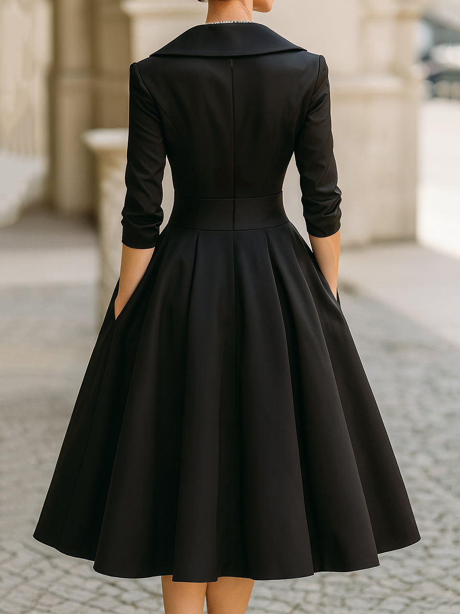 Whitemore & Daughters - Midi Dress: V-Neck Wrap Satin Dress with Full A-Line Skirt