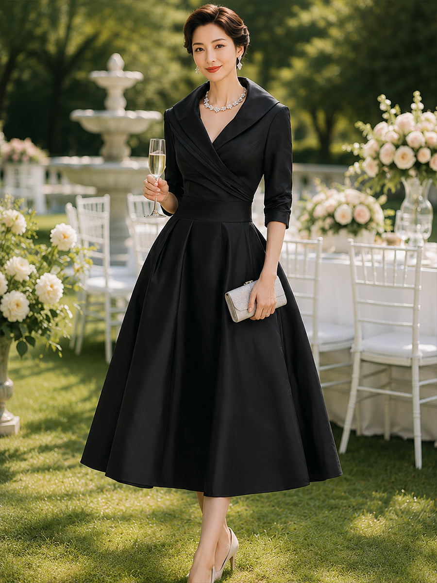 Whitemore & Daughters - Midi Dress: V-Neck Wrap Satin Dress with Full A-Line Skirt
