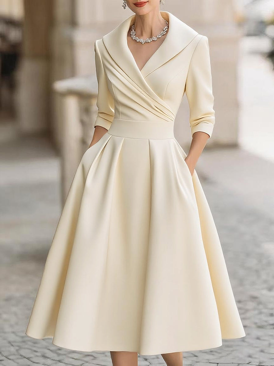 Whitemore & Daughters - Midi Dress: V-Neck Wrap Satin Dress with Full A-Line Skirt