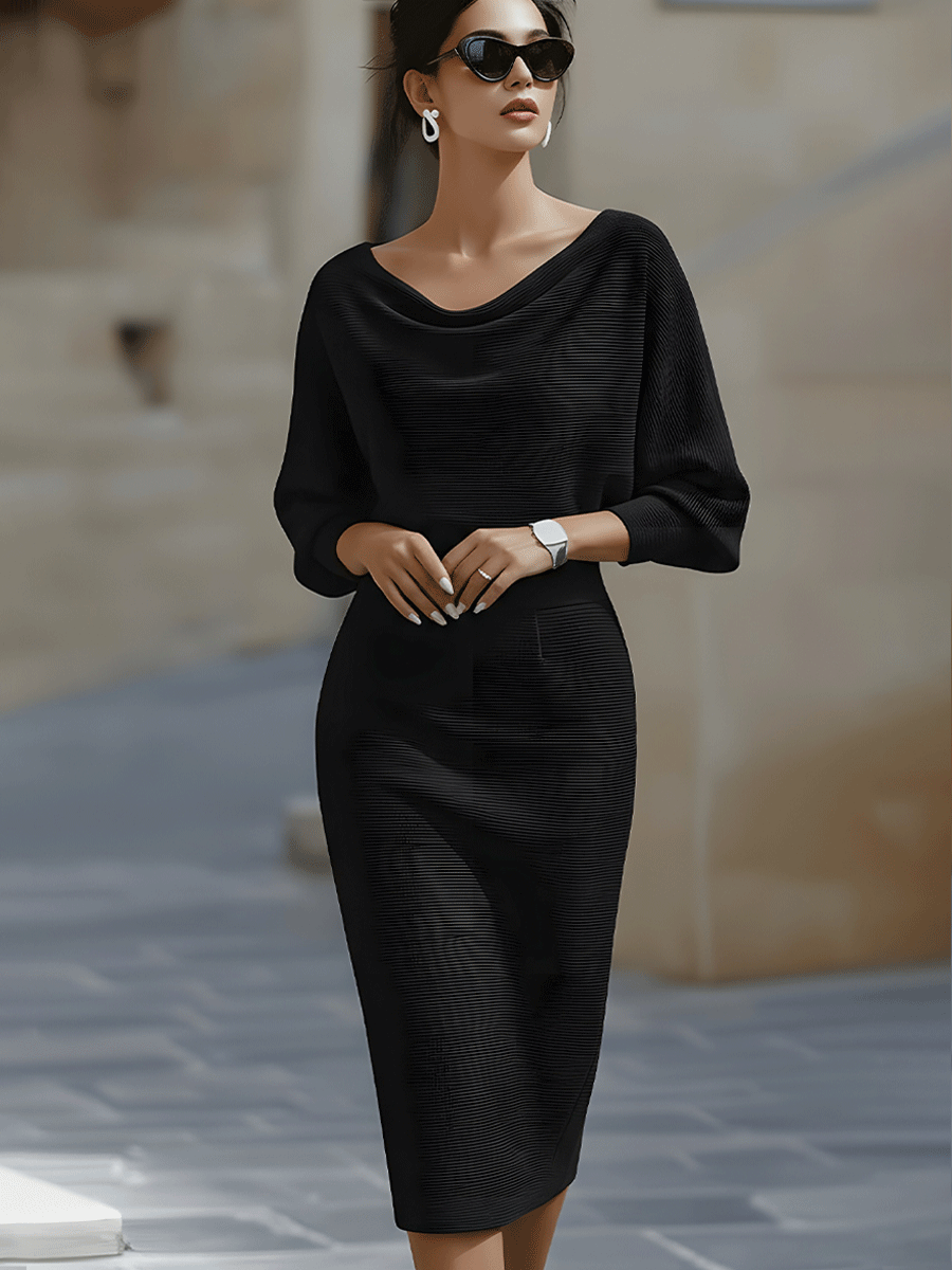 Whitemore & Daughters - Midi Dress: Draped Boat-Neck Dress with Batwing Sleeves