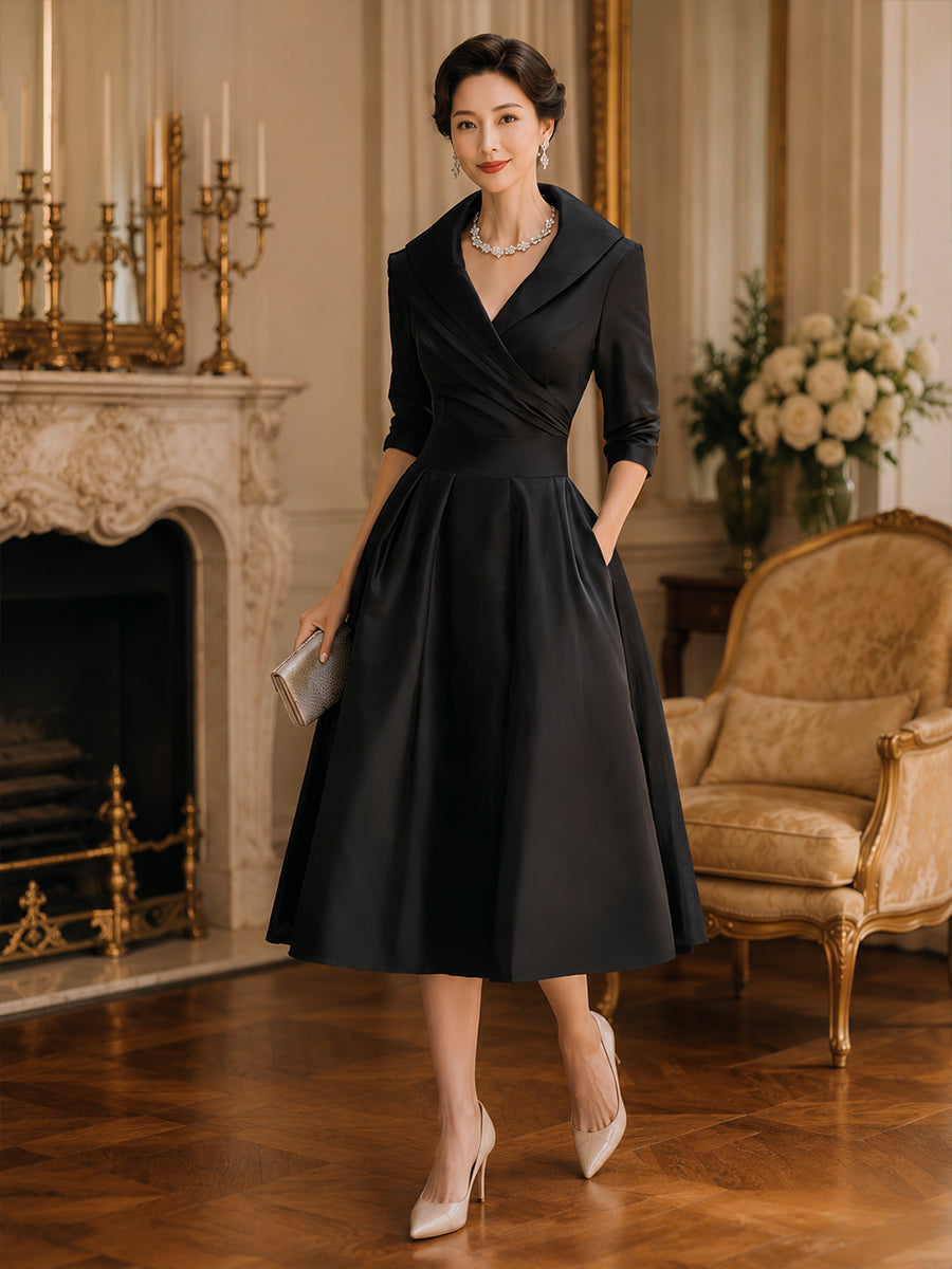 Whitemore & Daughters - Midi Dress: V-Neck Wrap Satin Dress with Full A-Line Skirt