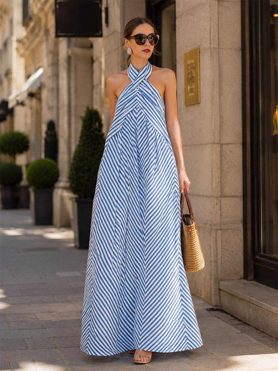 Whitemore & Daughters - Maxi Dress: Halter-Neck A-Line Dress in Striped Print
