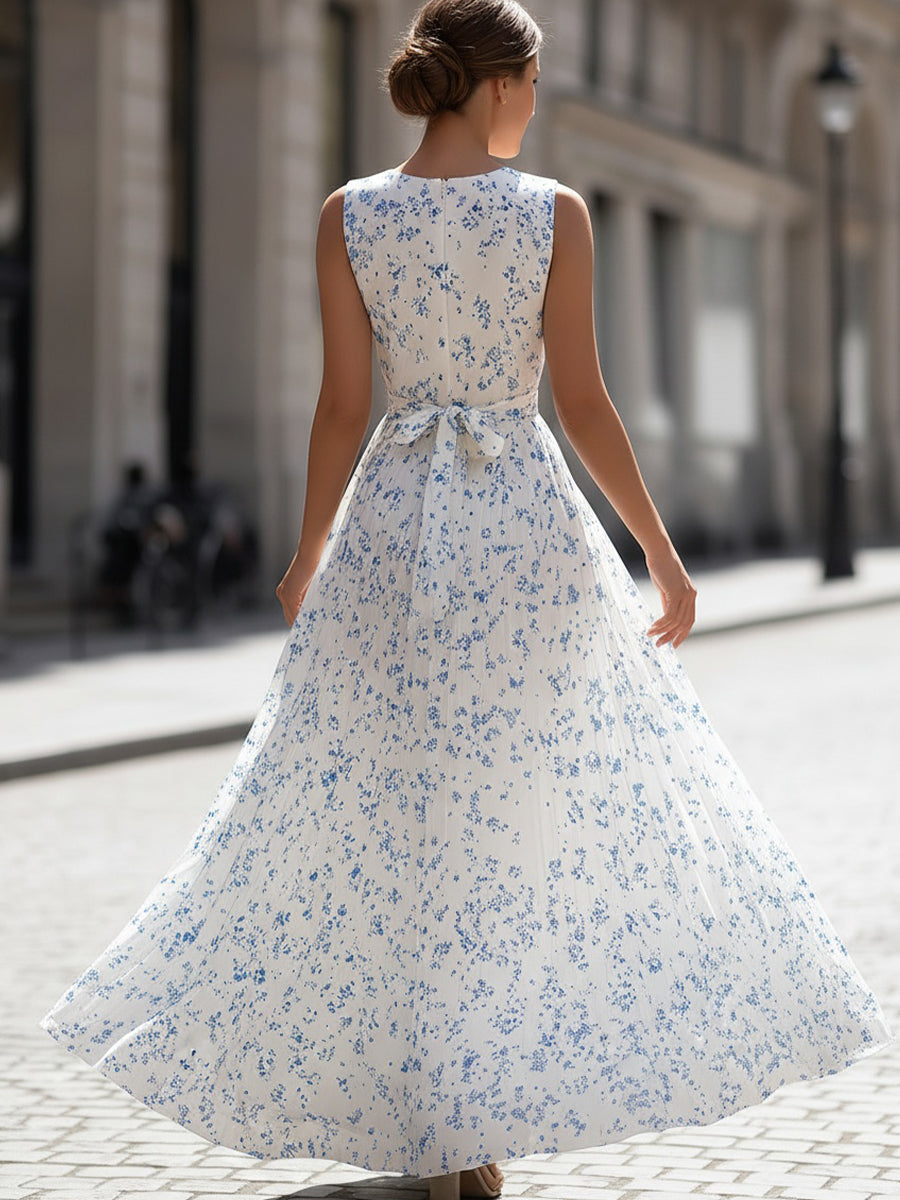 Whitemore & Daughters - Maxi Dress: Round-Neck Sleeveless Pleated Dress in Floral Print