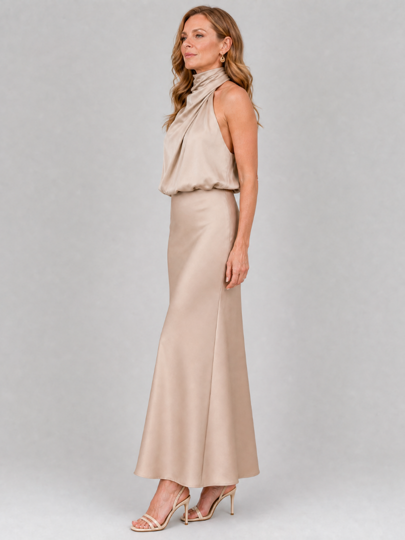 Whitemore & Daughters - Nopal Maxi Dress: Halter-Neck Draped Dress with Blouson Bodice