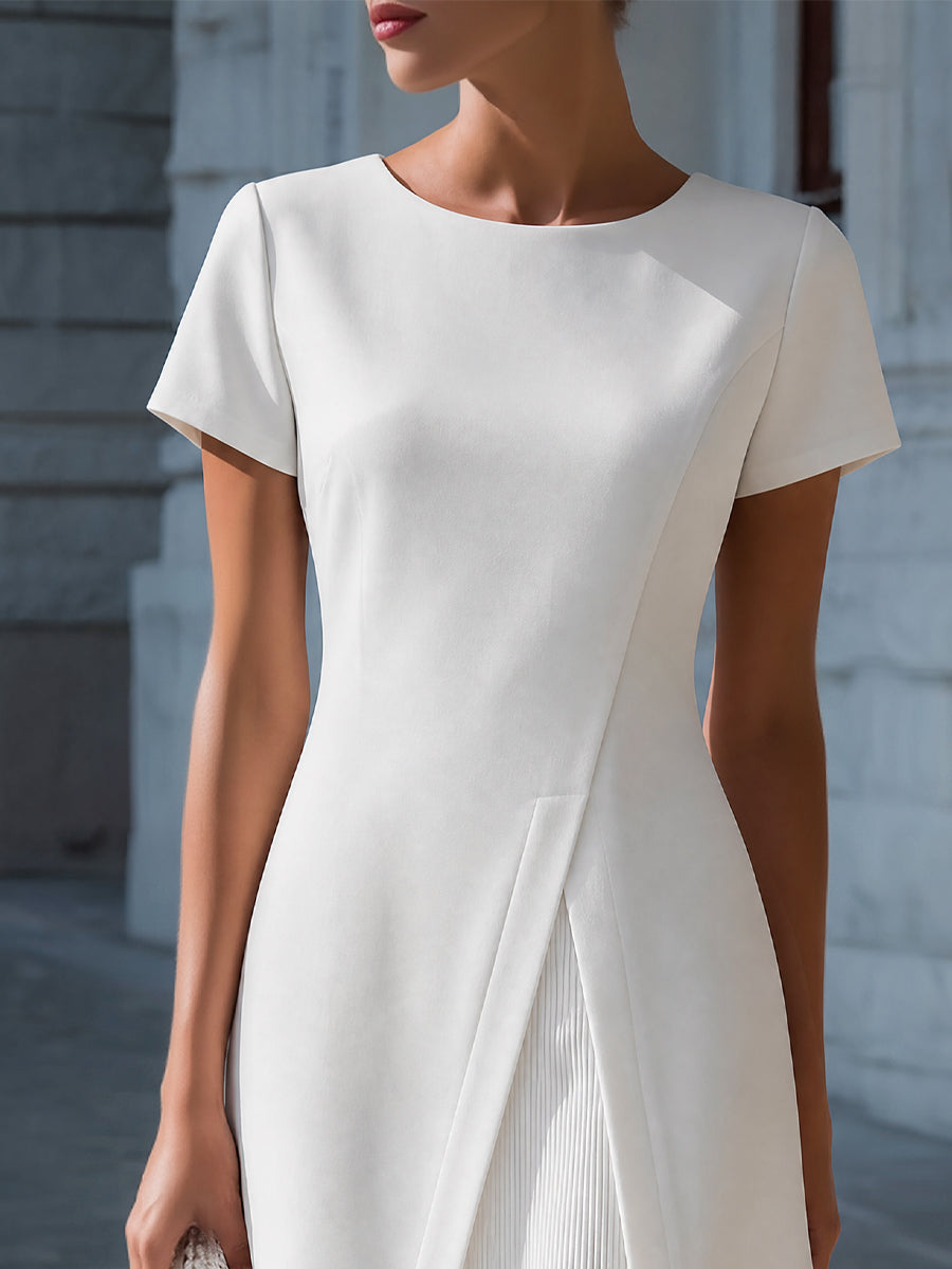 Whitemore & Daughters - Midi Dress: Round-Neck A-Line Dress with Pleated Panel